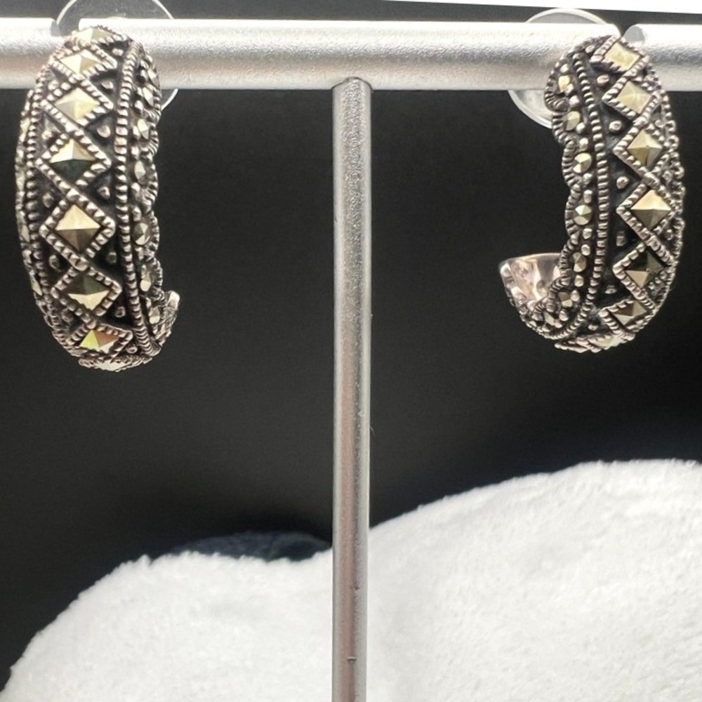 Vintage Sterling Silver Hoop Marcasite Earrings Chunky Oxidized 7.25g 1in